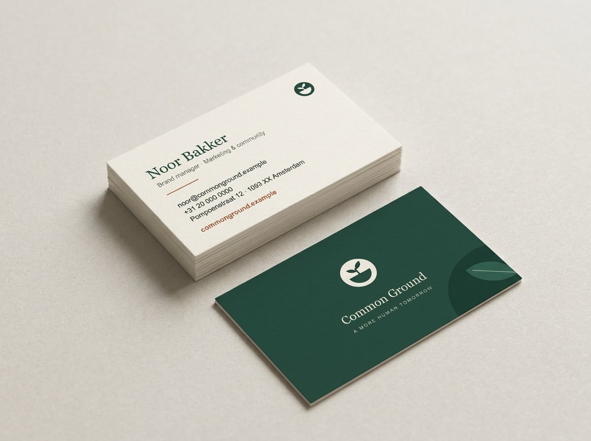 Business card, 85 × 55 mm, on 350 g uncoated stock. Front: reversed logo on Forest. Back: Ink and Clay Deep on Cream.