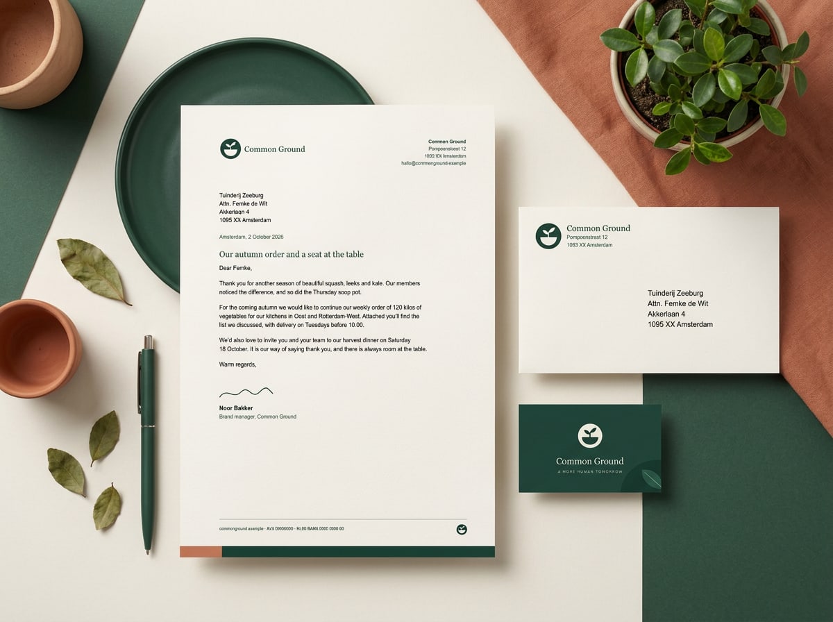 A4 letterhead and business card. Letters are set in Inter 10/15 pt, subject line in Newsreader.