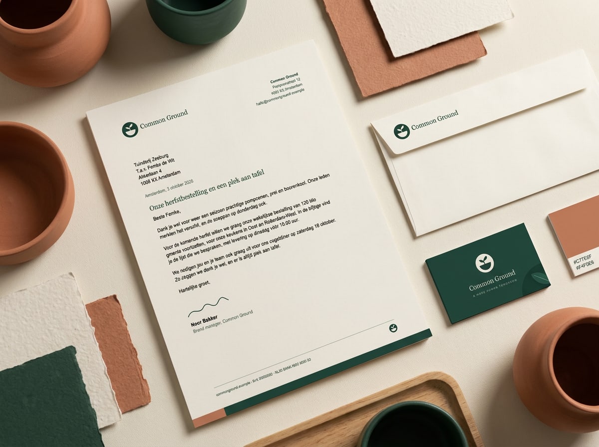 A4-briefpapier en visitekaartje. Brieven zetten we in Inter 10/15 pt, de onderwerpregel in Newsreader.
