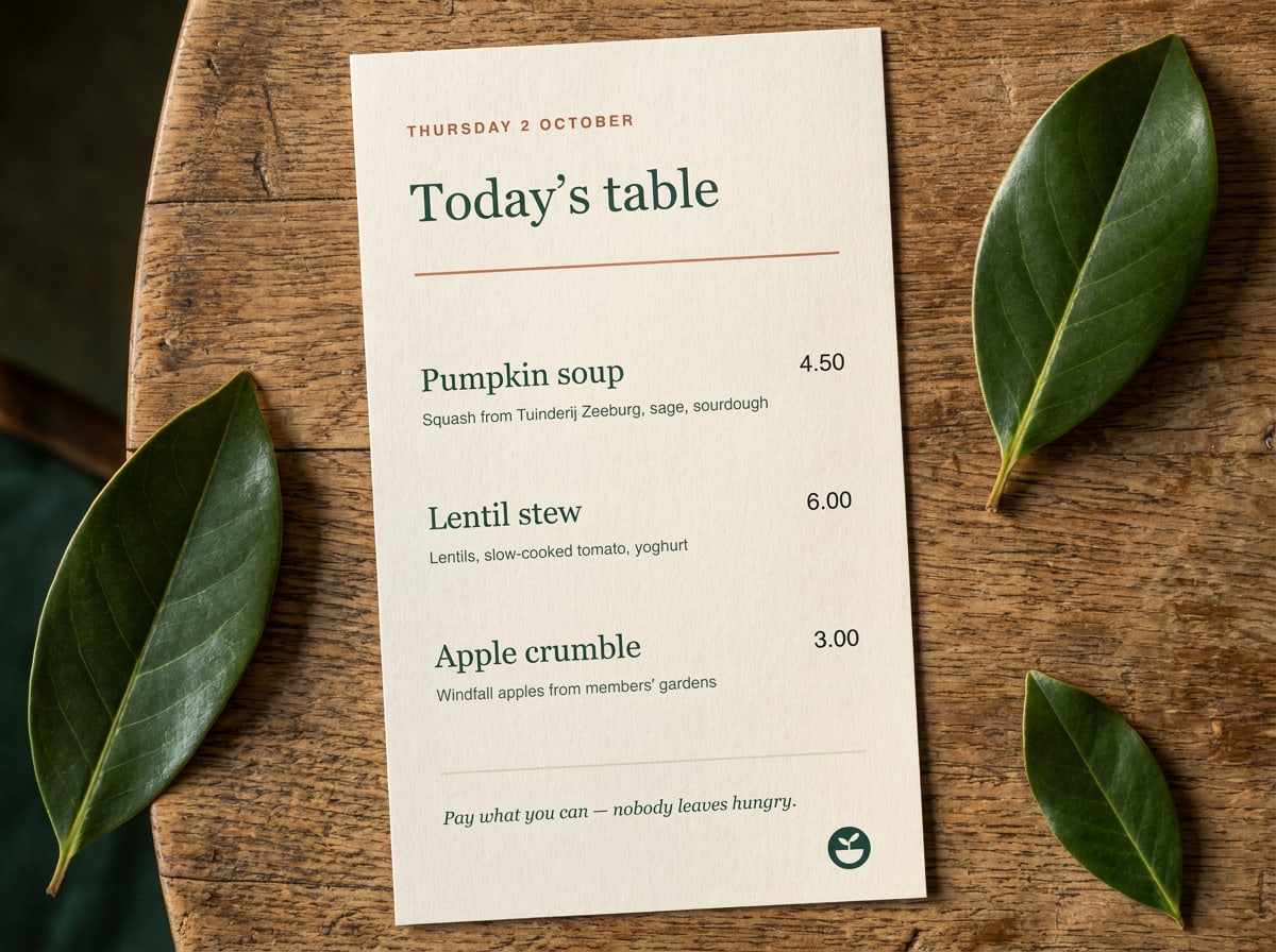 Cream menu card on a Forest table: Newsreader title and dishes, Inter descriptions and prices, a Clay Deep date label