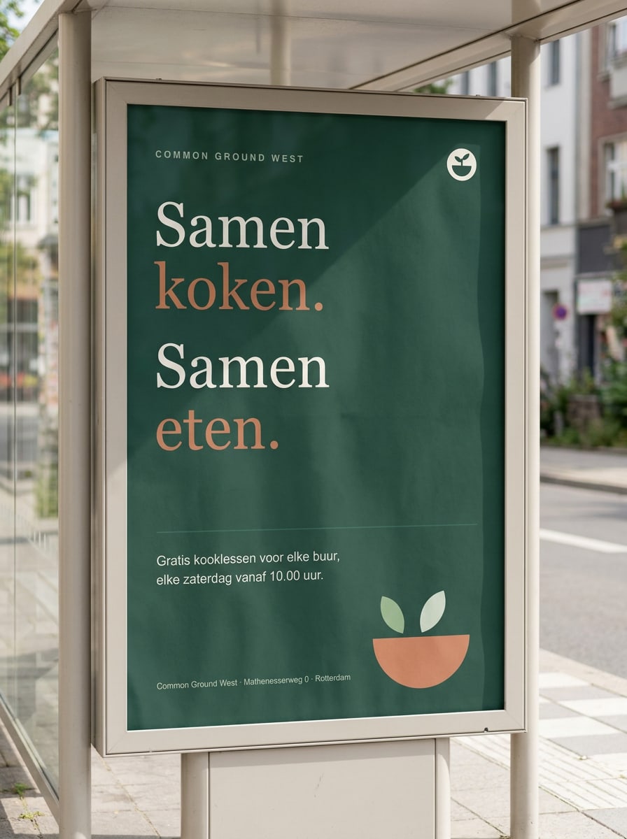 A3-poster voor de kooklessen: Display-letter op vol volume, Klei voor elke tweede regel, details in Inter.
