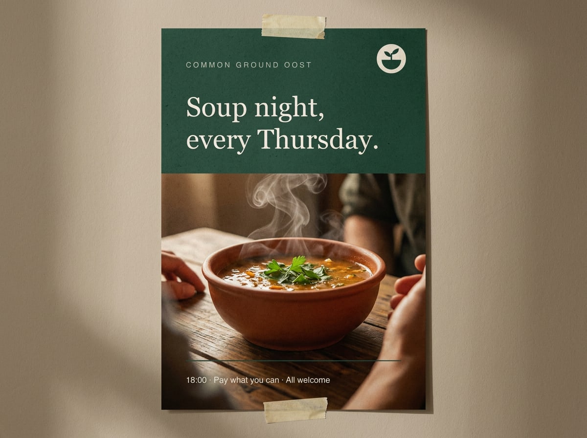 Forest poster for the Thursday soup night with a photo of a bowl of soup