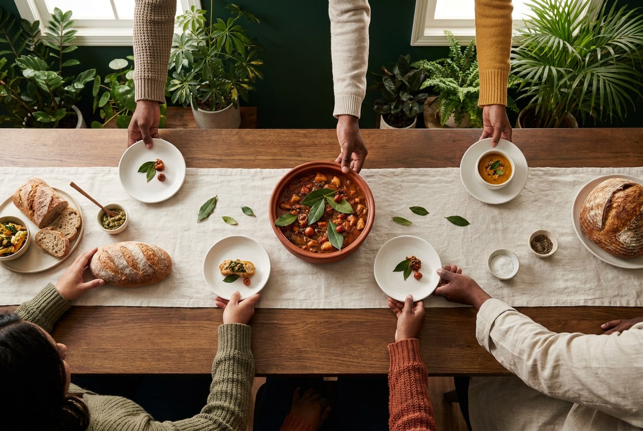 A long shared table seen from above: hands of different skin tones pass bread, a bowl of stew and small plates