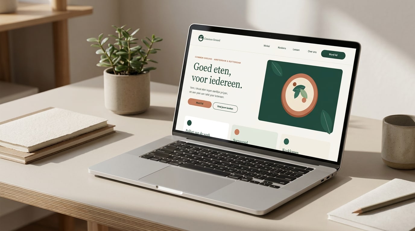 commonground.example: kop in Newsreader, tekst in Inter, een grid van 12 kolommen met ruime marges.