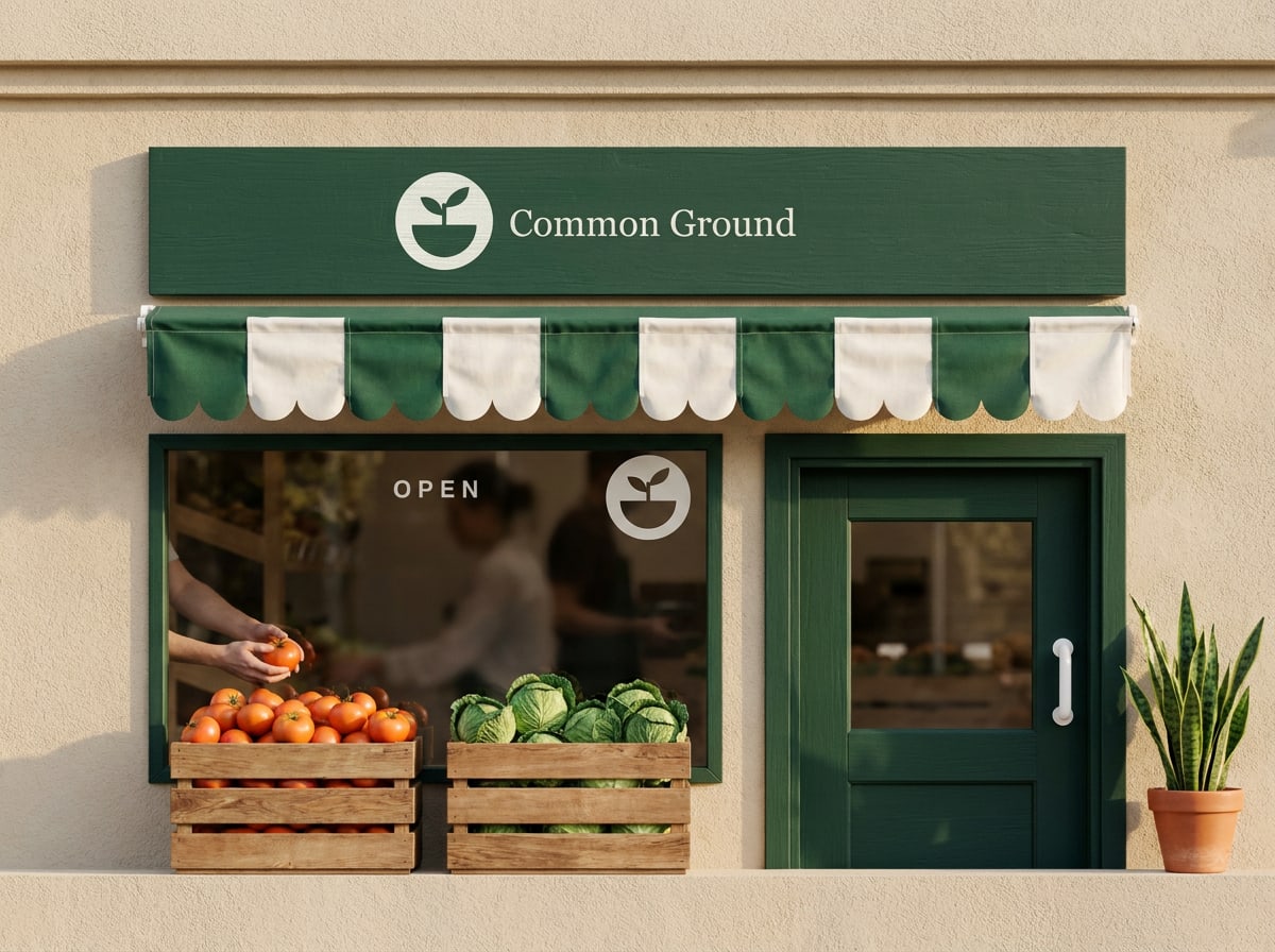 Common Ground storefront with crates of tomatoes and cabbages