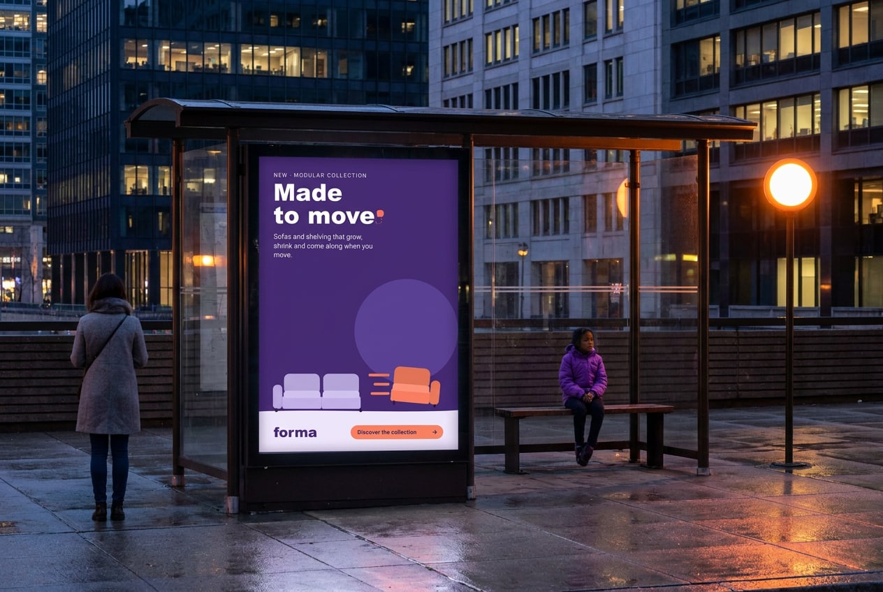 A bus shelter with a backlit portrait poster of the campaign.