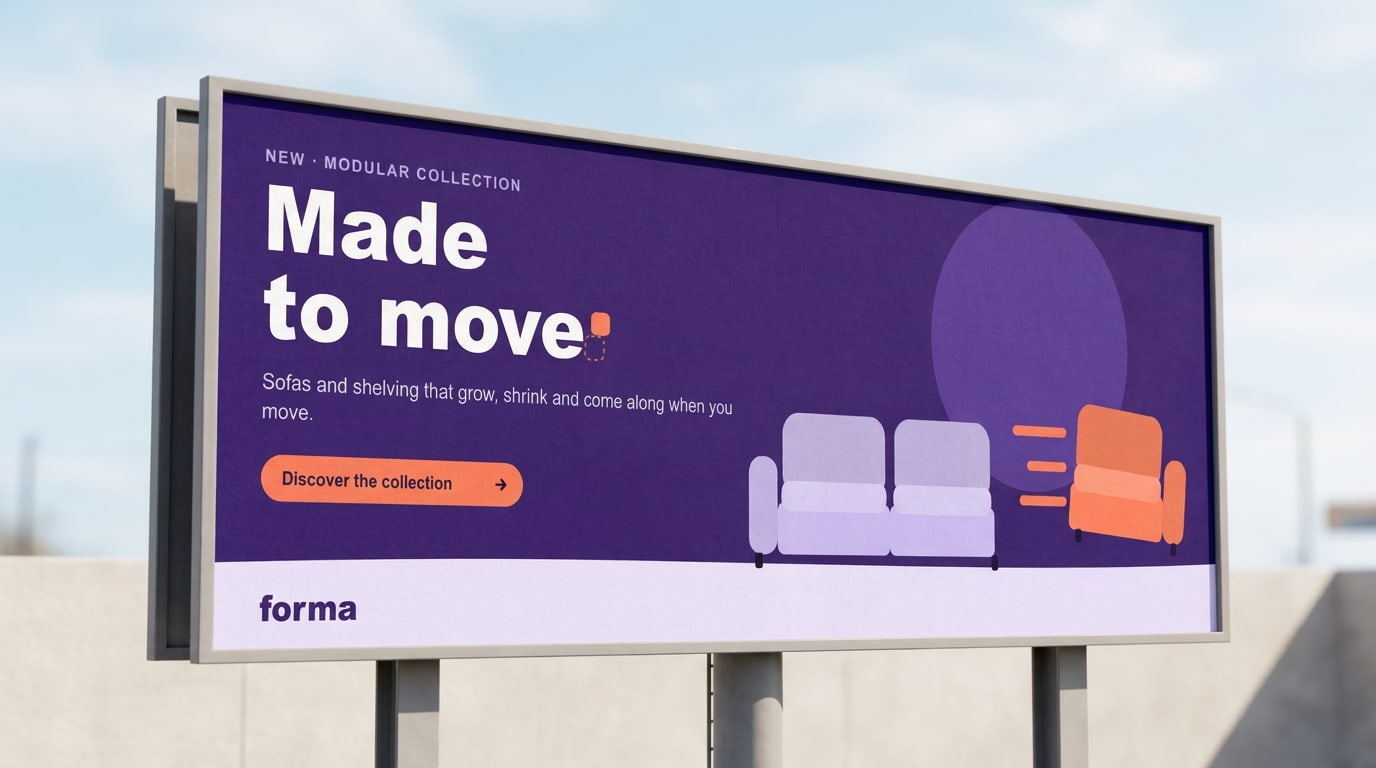 Billboard: campaign line left, the sofa right, the wordmark in the Mist floor band.
