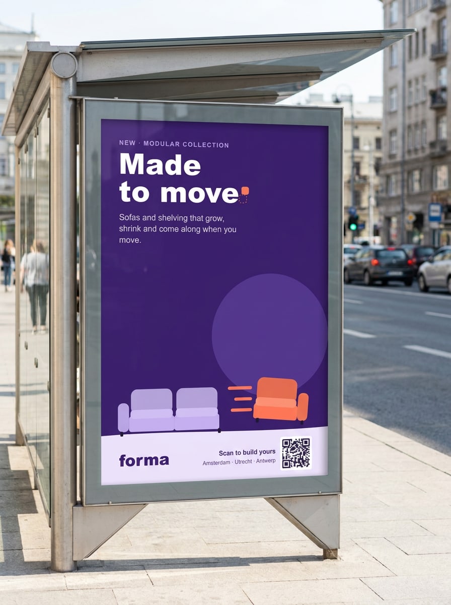 The A1 showroom poster: the QR code replaces the button and leads straight to the configurator.