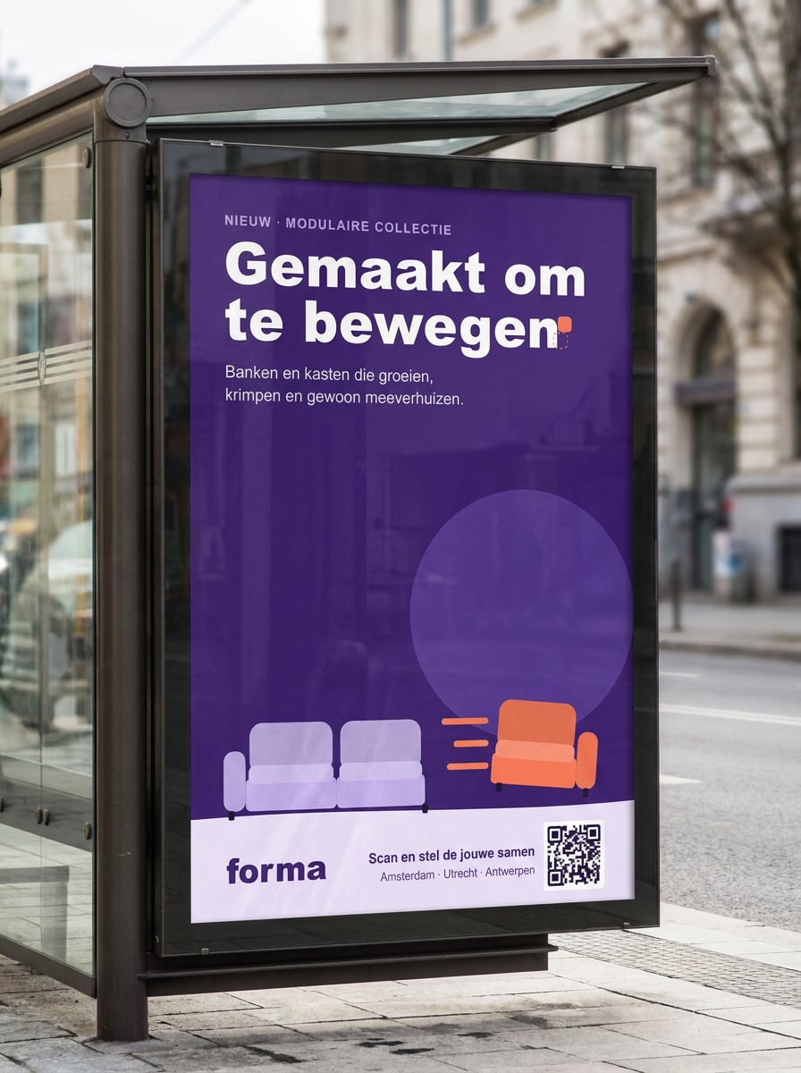 De A1-showroomposter: de QR-code vervangt de knop en leidt direct naar de configurator.