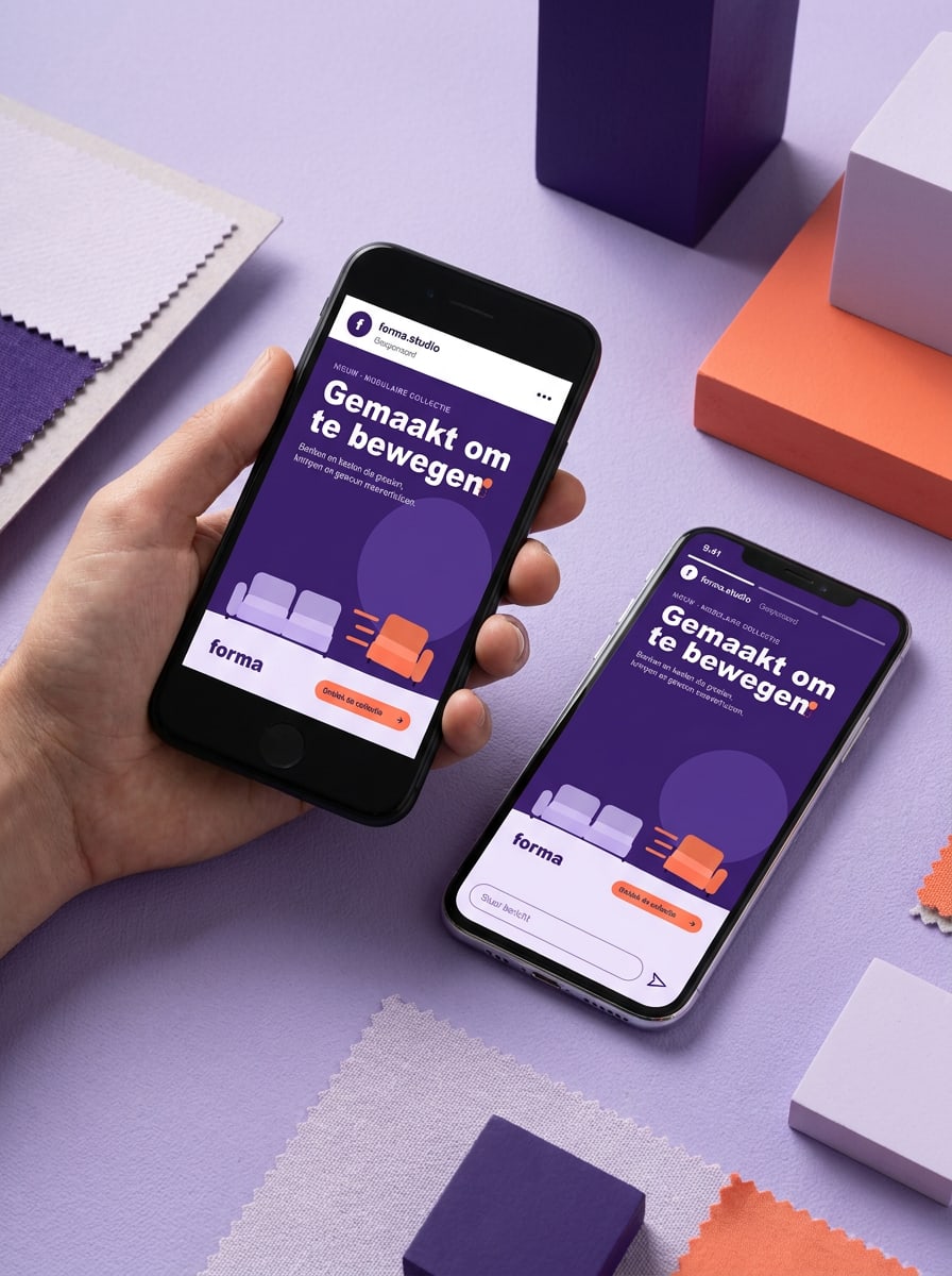 Feedpost (4:5) en story (9:16) op Instagram. De onderbalk draagt het woordmerk en de call-to-action.