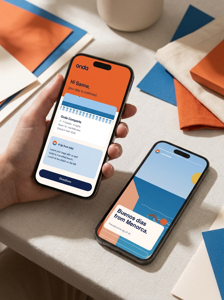 Same voice, two volumes: a booking confirmation with a host's tip, and an Instagram story that leads with the moment.