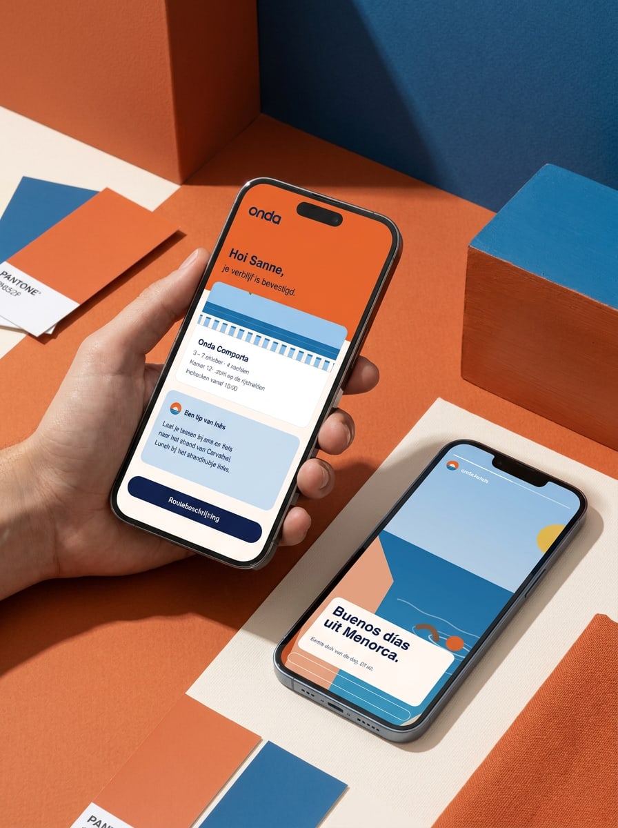 Zelfde stem, twee volumes: een boekingsbevestiging met een tip van de gastvrouw, en een Instagram-story die begint bij het moment.