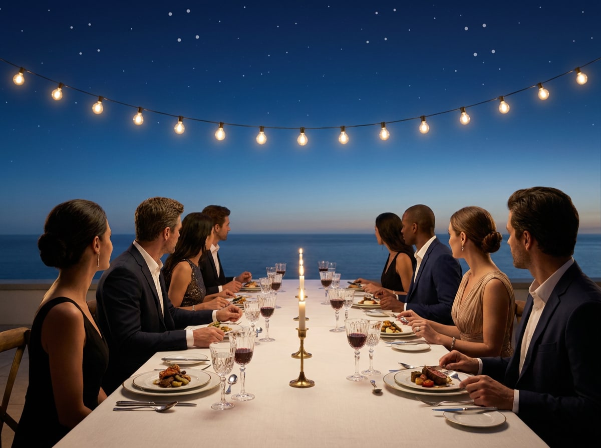 Lange tafel onder lichtslingers bij schemering, met gasten aan beide kanten