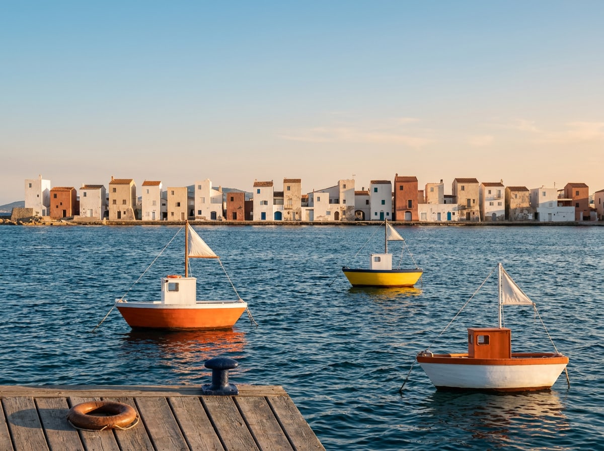 Kleine vissersboten in een blauwe haven met witte huizen aan de overkant