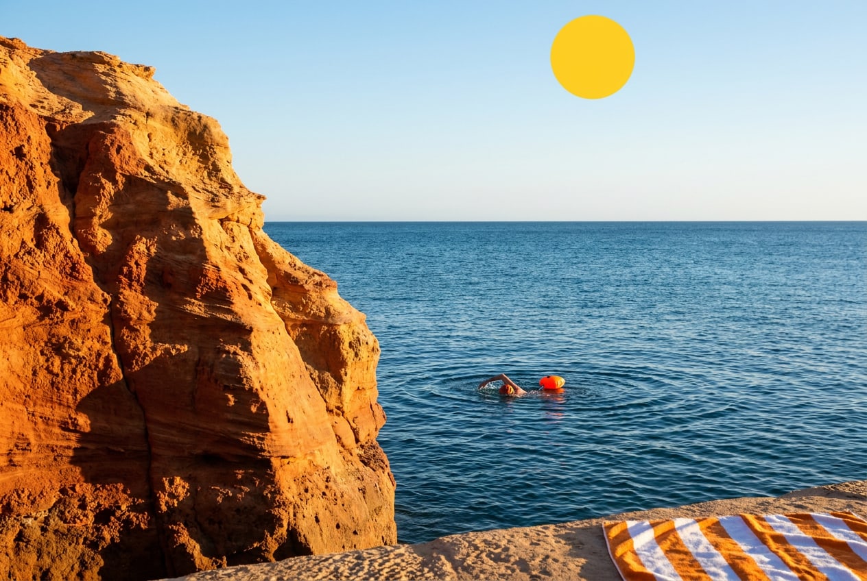 Illustratie van een zwemmer in een turquoise baai onder een okerkleurige rots