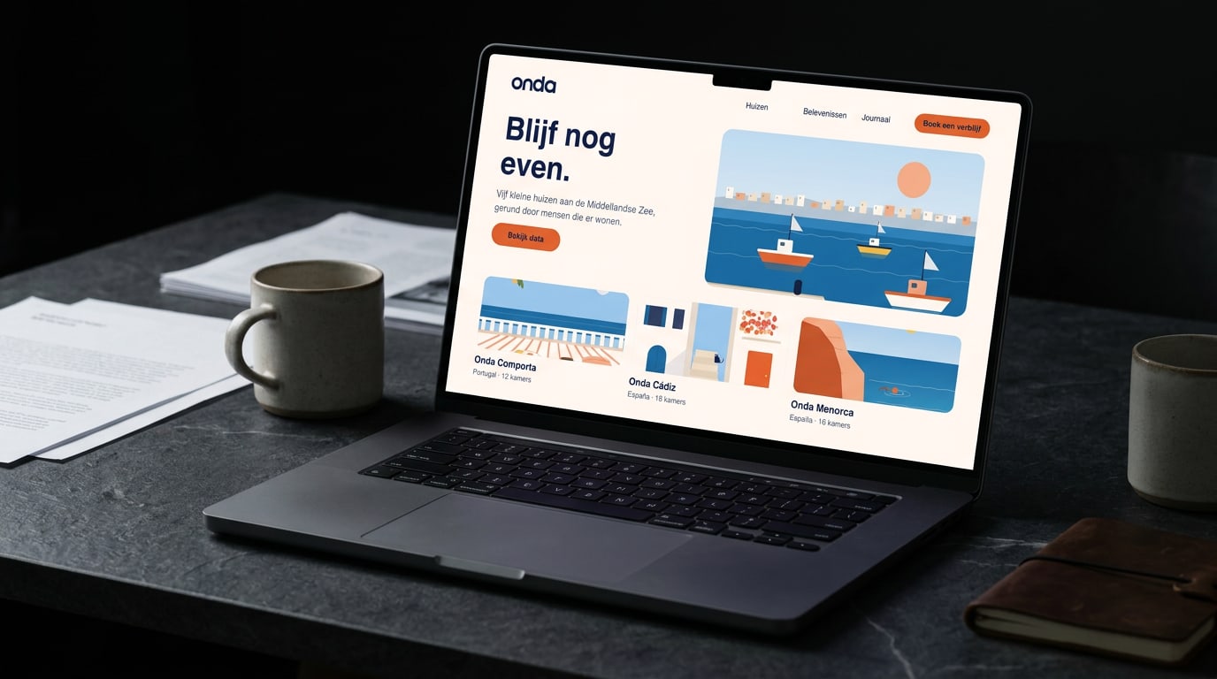 Homepage op 1440 px: de havenfoto als hoofdbeeld, daaronder de huiskaarten.