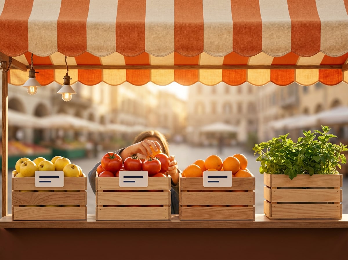 Marktkraam onder een gestreepte luifel met kisten citroenen en tomaten