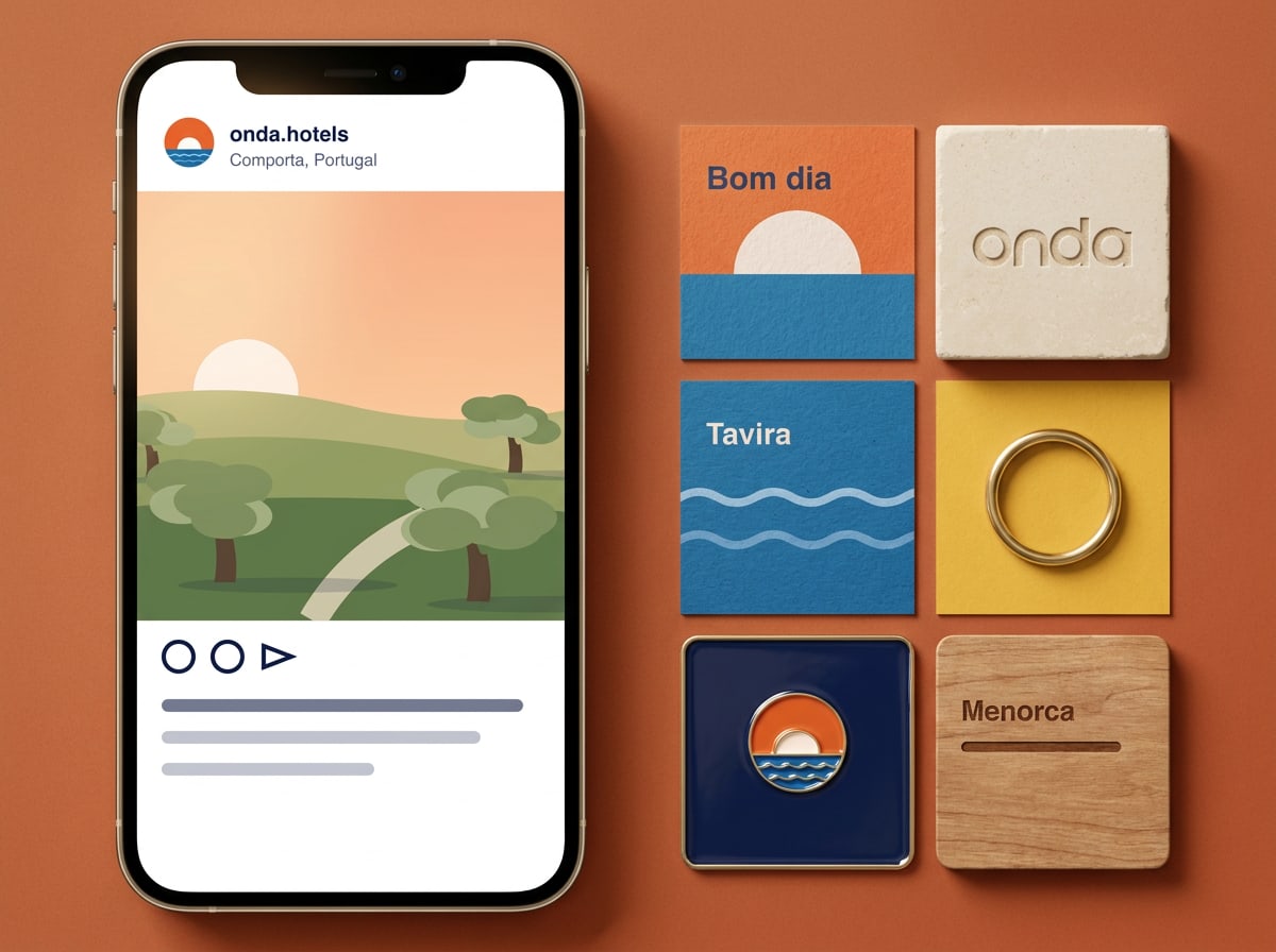 Telefoon met een Instagram-post van Onda naast een raster met merkvlakken